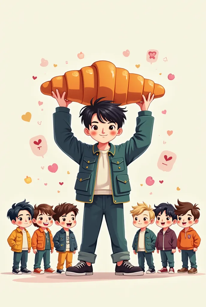 Cute cartoon style 10 k-pop male stars. All in a line holding and one is holding big croissant over his head. Background is white.