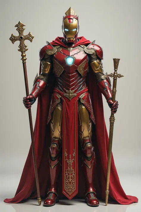 Create armor inspired by Iron Man, but with a religious vibe, an armor that is inspired by a priest and the characteristics of the clothes of a, that is an armor that refers to certain religious references, that has religious accessories to match, like a s...