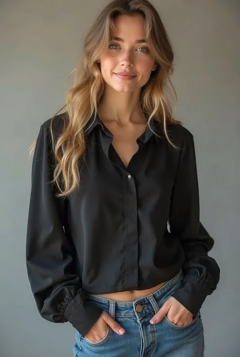 Teenager in black blouse, ciemnoniebieskich dużych spodniach jeansowych. stands . She has a terribly tight blouse with long sleeves. Na stopach ma czarne buty. Her hair is light brown or blond, sięgają mniej więcej do ramion i są rozpuszczone. The image sh...