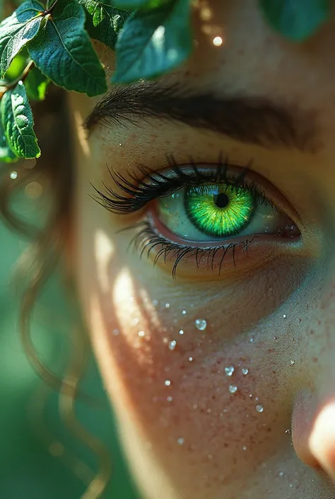 A hyper-realistic close-up of a woman's eye with a vibrant green iris, looking magical and luminous. Natural details surround the eye, like shiny green leaves and crystalline drops of water,  creating an enchanted effect . The skin has a natural texture wi...