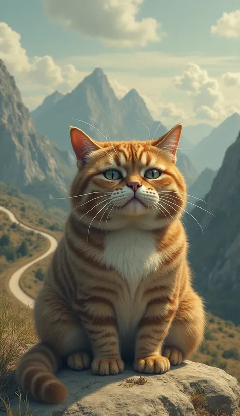 1:""main character""
Fat Cat( surreal),brown,very tired look

2 Do:"place"
Mountain々The road where you can see

3:"" Fashion ""
tank tops

4:" action"
 is running on the right hand