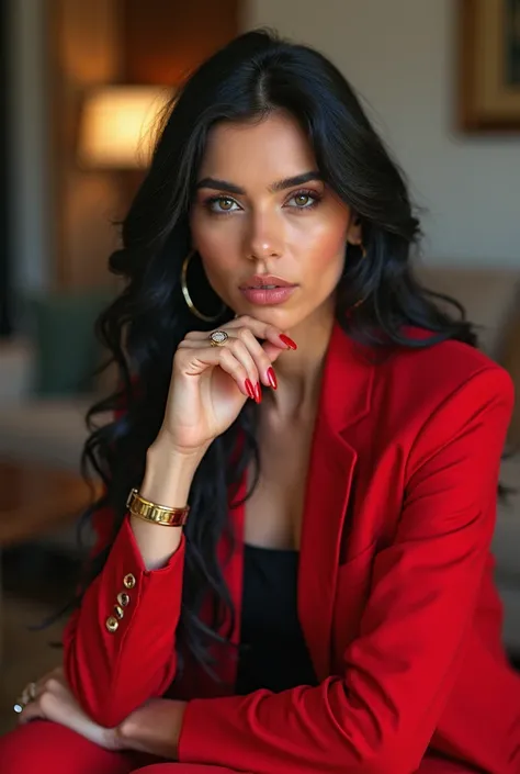  generates a very realistic and natural photo of a 35-year-old Brazilian woman,  long wavy black hair, light makeup,  she wears gold accessories , Very strong red blazer and black shirt red pants are on the side looking to the side with their hand on their...