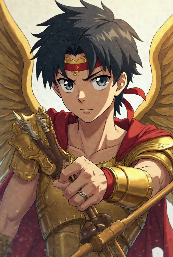 Mature male approximately 25 years old, tez blanca, gray eyes,  short black hair, dressed in golden armor of the Sagittarius sign with golden wings, of serious facial expression, Holding in his hands a bow and arrow, on his forehead he has a dark red ribbo...