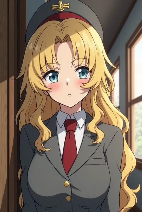 Screencap boku no hero academia plain anime, mature, charmingly beautiful woman who seems etheareal, with long, wavy messy blonde hair with curls at the ends. Her bangs are also messy, she has one long string of hair that goes all the way through her face ...