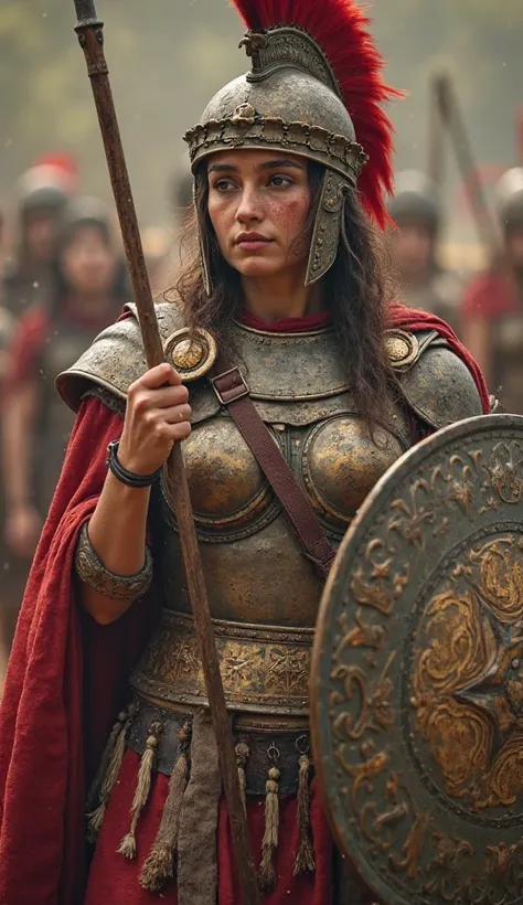 Warrior of Alexander the Great's army, dressed in reinforced linen armor (linothorax) with bronze plates on her shoulders, and a leather skirt with metallic tassels. Her Corinthian helmet, with a feather crest, is dented by combat and covered in dust. Her ...