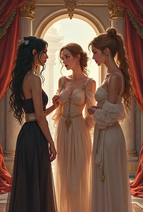 
three young women one with black hair another with light hair and the third with brown hair are standing in the apartment at the entrance and talking in ancient times