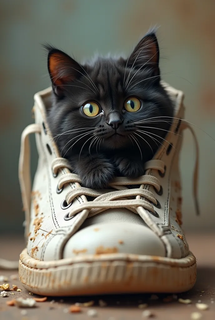 Furry black cat with a cheerful expression, inside a distressed white sneaker