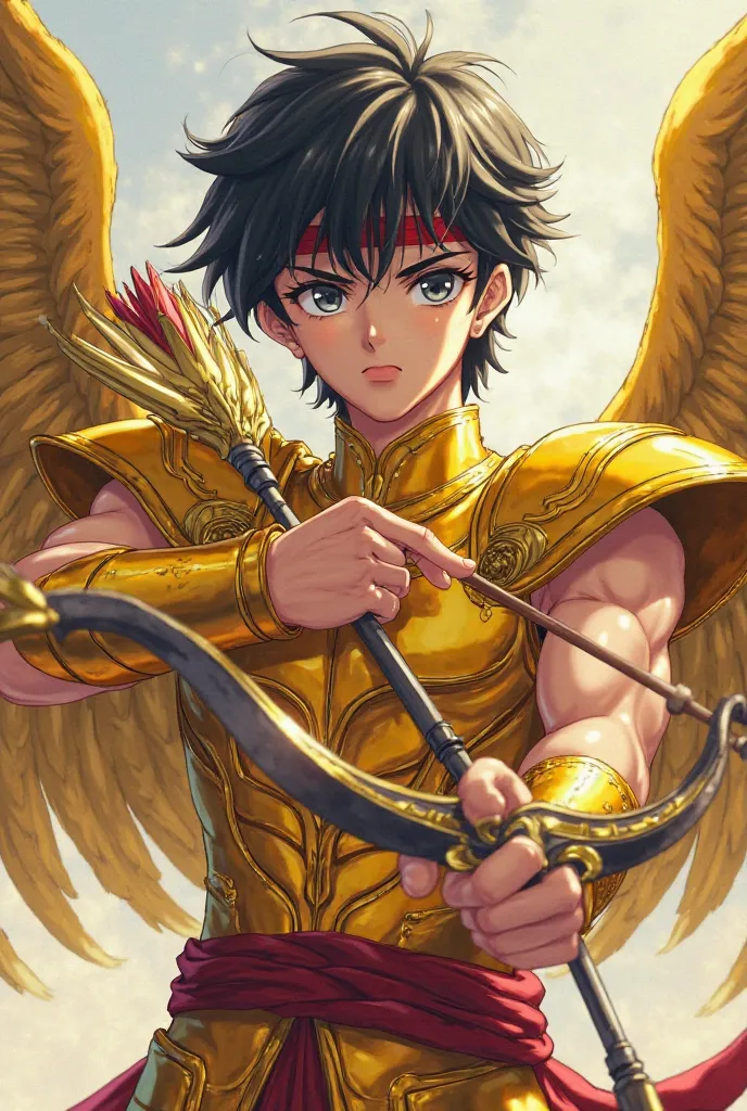 Male approximately 30 years old, tez blanca, grey-eyed,  short black hair, dressed in golden armor of the Sagittarius sign with golden wings. Holding in his hands a bow and arrow, on his forehead he has a dark red ribbon tied, without any accessories in hi...