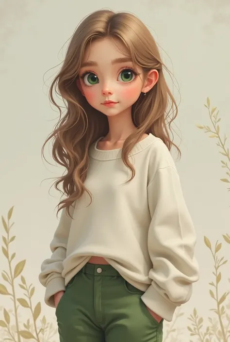  ager light brown hair green eyes white skin slim build green pants and white sweater