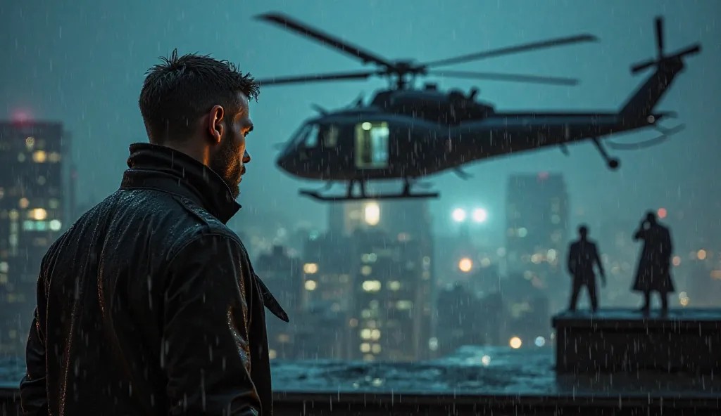 A dark, rain-soaked city skyline at night. A massive black helicopter hovers above a rooftop landing pad, its powerful searchlight cutting through the heavy rain, illuminating the wet concrete. The rotor blades spin rapidly, sending water droplets flying i...