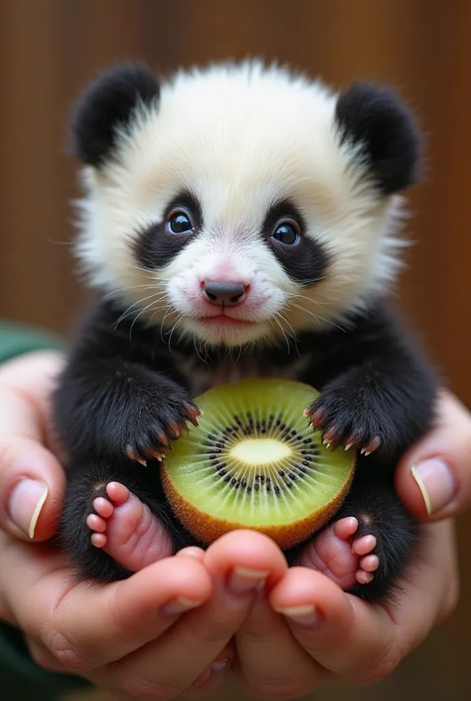 An adorable baby panda with fluffy black-and-white fur, sitting in the palm of a human hand. It has large, expressive eyes, a tiny pink nose, and a slightly puzzled expression. Its soft paws have little pink pads, and it is holding a half-cut ripe kiwi wit...