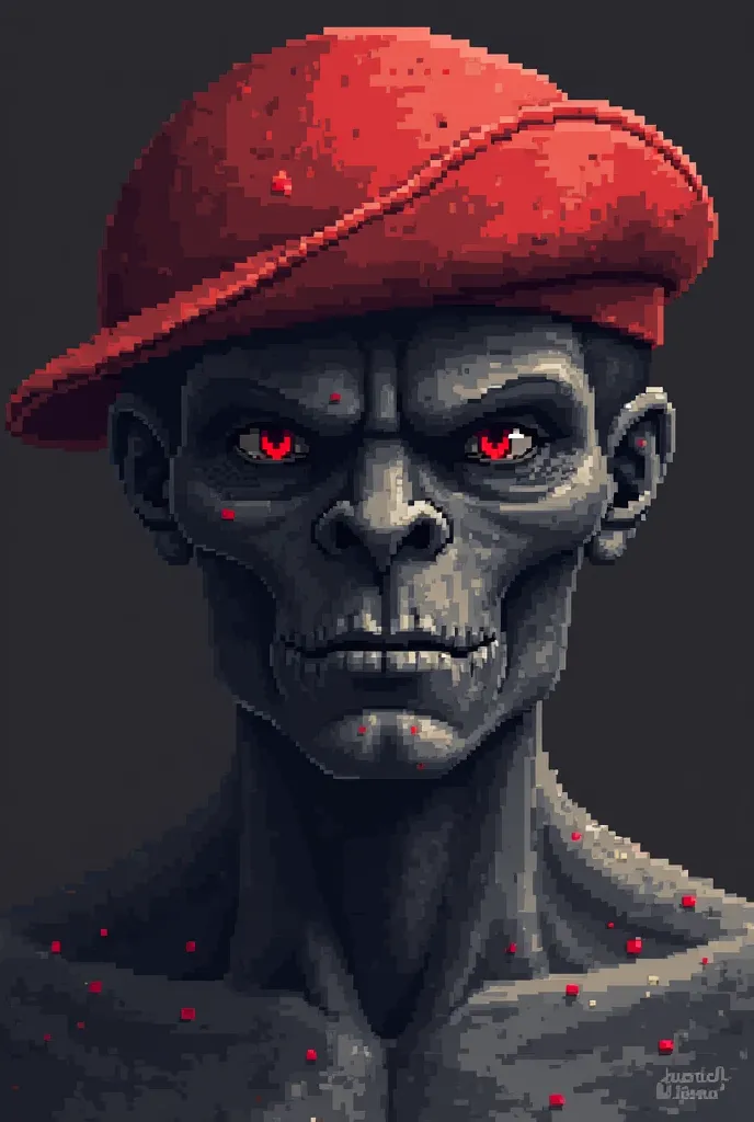 a close up of a  Pixel art  of a person with a red hat, Conceptual art inspired by Mario Dubsky,  trend on polycount  ,  Pixel art ,  skin minecraft , pitch-black skin, scaly skin, sci-fi skin, slimy skin, da tane , dark gray skin, very detailed skin, tron...