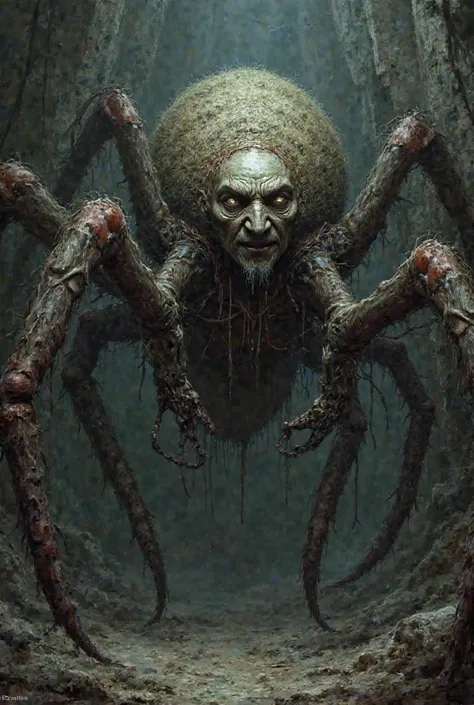 Creature with a spider's body and a human face and arms 