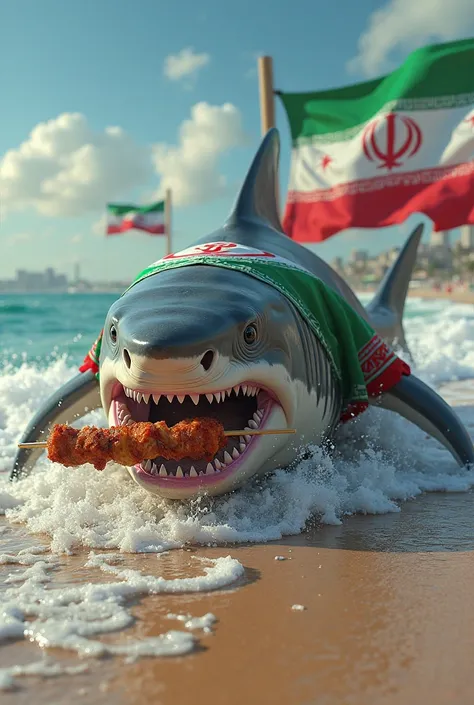 A shark on a beach with a Iran soccer jersey and Iranian flags waving behind him while he is eating kebab