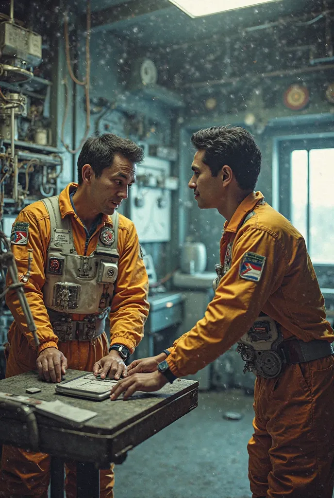 
"Create an inspiring scene depicting Cuban cosmonauts Arnaldo Tamayo Méndez and José López undergoing rigorous training after being selected for the Soviet Intercosmos program in the 1980s. The image should show them in a high-tech training facility, enga...