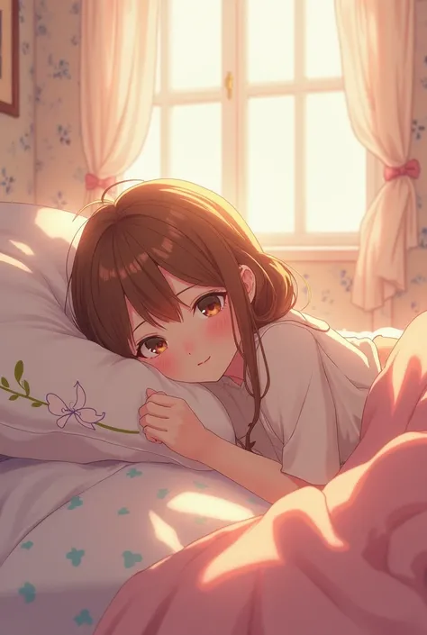 Cute fourteen year old brown haired girl lying in her bed hiding her face with her pillow (anime version)