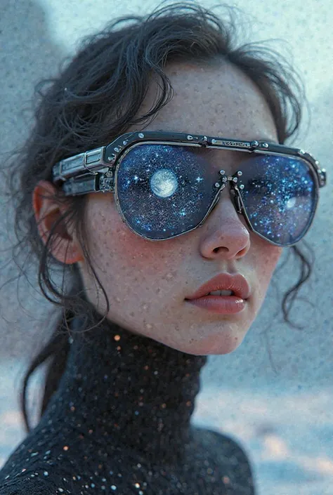 The model is wearing glass sunglasses with stars and the moon on the glass