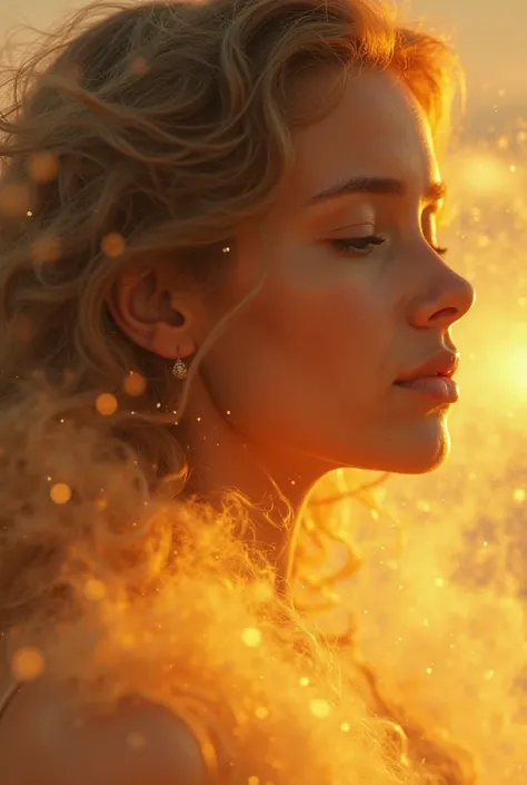 A stunning cinematic close-up portrait capturing the ethereal essence of a soul set free. The subject is illuminated by golden, divine light, with soft atmospheric dust particles drifting in the air. The lighting is perfect, using a high-end professional l...