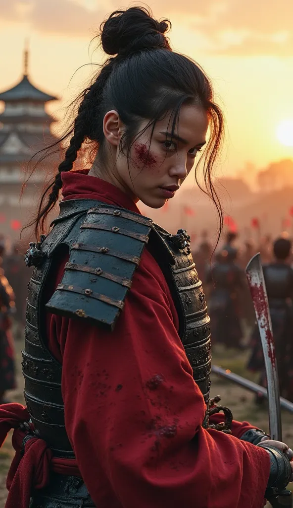 samurai warrior , with a layer of lacquered iron armor ( ō-yoroi ) worn out by combat , covered in small dents and traces of dried blood. Her red kimono peeks out under the armor, torn and stained by battle. Her black hair is tied in a high bow, with some ...