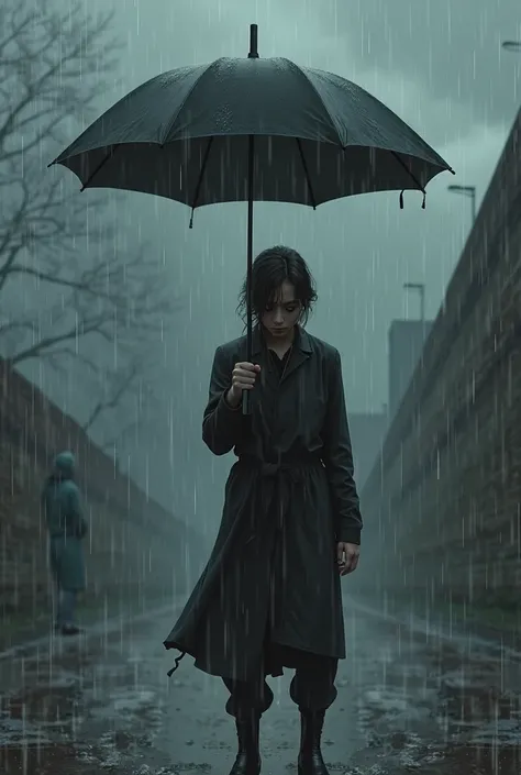 with the protagonist holding an umbrella just for himself and leaving the protagonist alone to get wet