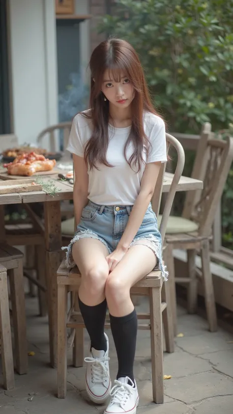 full body, enjoy a barbecue,Sit on a chair,(I&#39;m not feeling well), turning her butt,japanese,Korean style beauty,Young face,Transparency, pure white skin,Grey Eyes,cute, idol,Idol,portrait, model, long straight hair,Sex, glossy mahogany brown hair ,big...