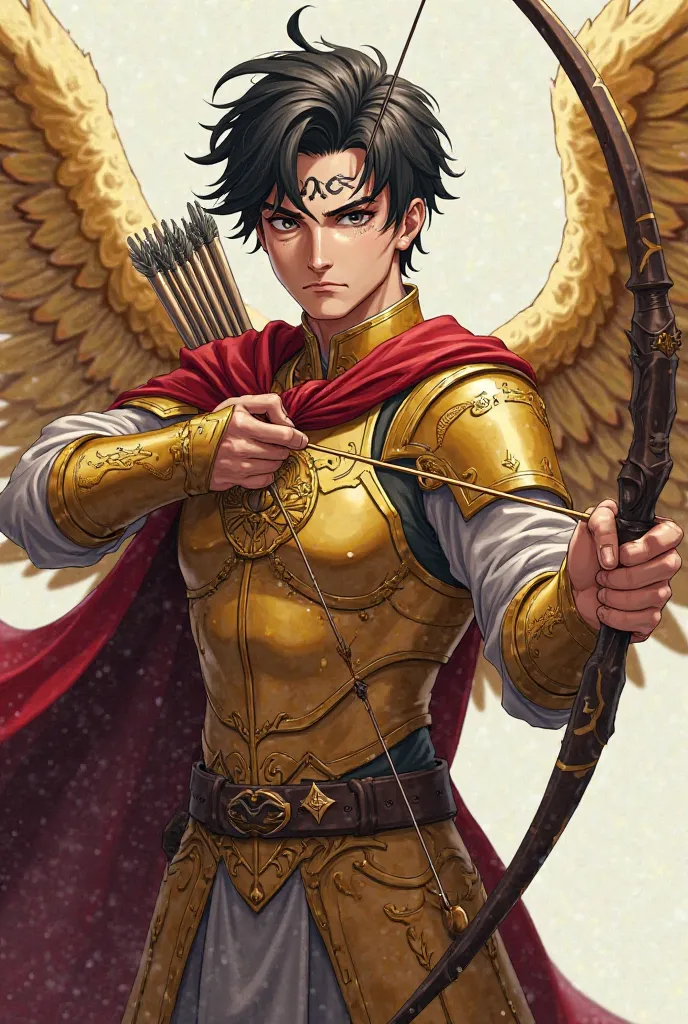 30-year-old mature man, tez blanca, grey-eyed,  short black hair, dressed in golden armor of the Sagittarius sign with golden wings. Holding in his hands a bow and arrow, on his forehead he has a dark red ribbon tied, without any accessories in his ears.  ...