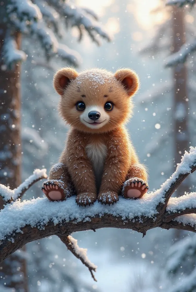 A cute bear cub sits on a snow-covered branch in a winter forest. Its fluffy fur is dusted with snowflakes, and its big, gentle eyes gaze curiously. Surrounding it are snow-covered trees, with soft light filtering through the branches, creating a cozy wint...