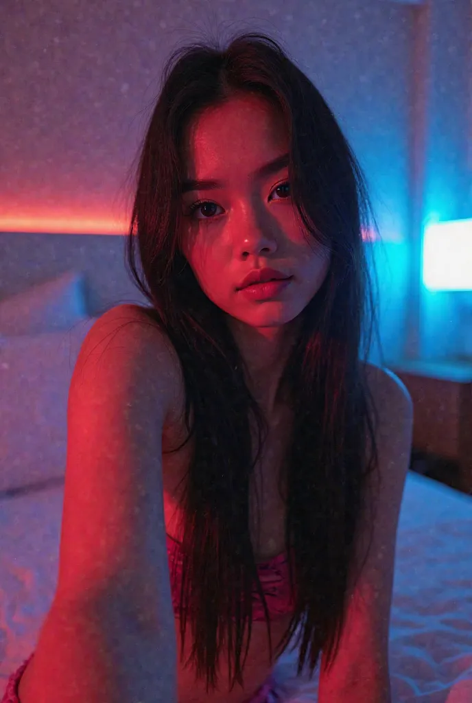 (real photo), In the middle of a hotel room with neon lights sitting on the bed is she( Young Girl,thin face,blue eyes, perfect eyebrows and eyelashes ,thick lips and long straight black hair) taking a selfie with his iPhone.(photographic frame of half bod...