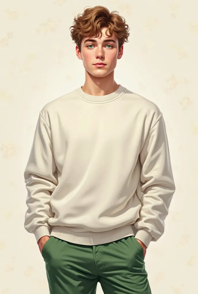 Young  male ager light brown hair green eyes white skin slim build green pants and white sweater