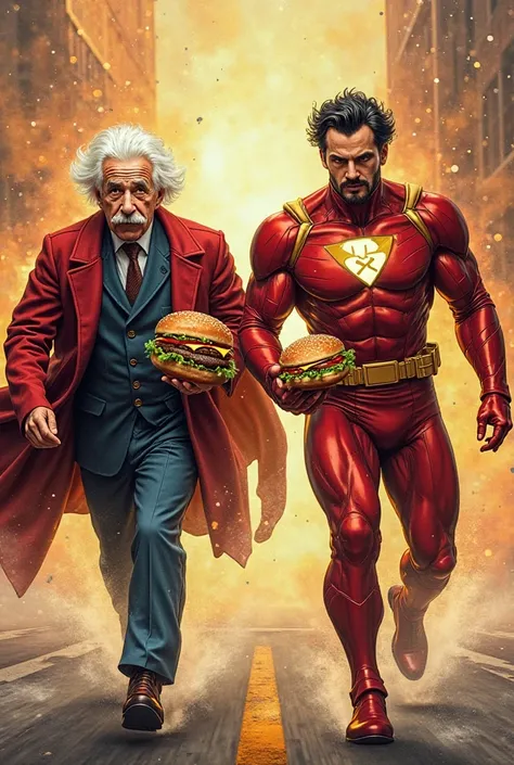 Albert Einstein white hair, Robert oppenheimer with short black hair, two different scientists, moving fast, holding powerful atomic hamburgers, dressed in superheroes customs, oppenheimer as Magneto and Einstein as Charles Xavier, saving the world with th...