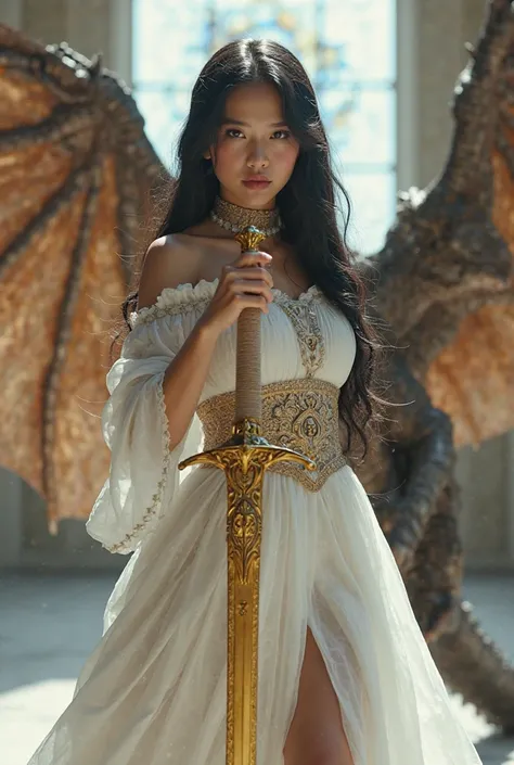 8k, UHD, masterpiece, 1 girl holding a golden sword Knight, perfect body, beautiful face, very long hair, ((white skin)), fairy tale fantasy costume, wearing a white dress, warrior costume, European dragon with 2 legs and wings standing behind the girl, wi...