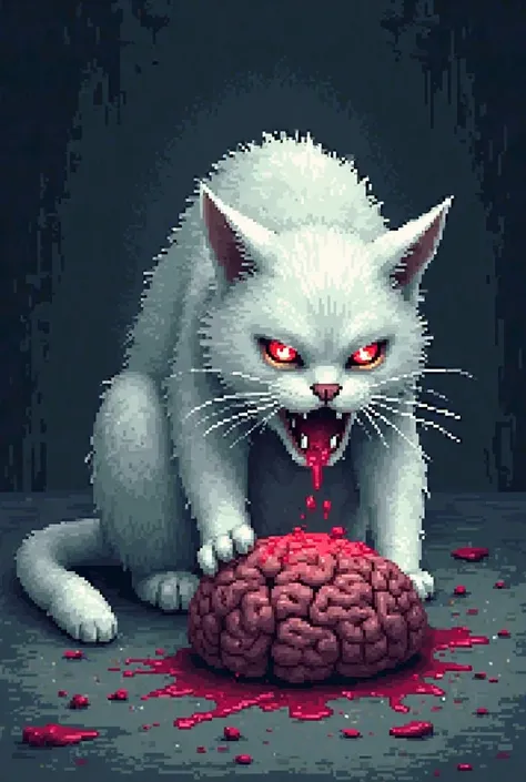 8bit art, pixel art, horrifying and scary white cat eating a brain