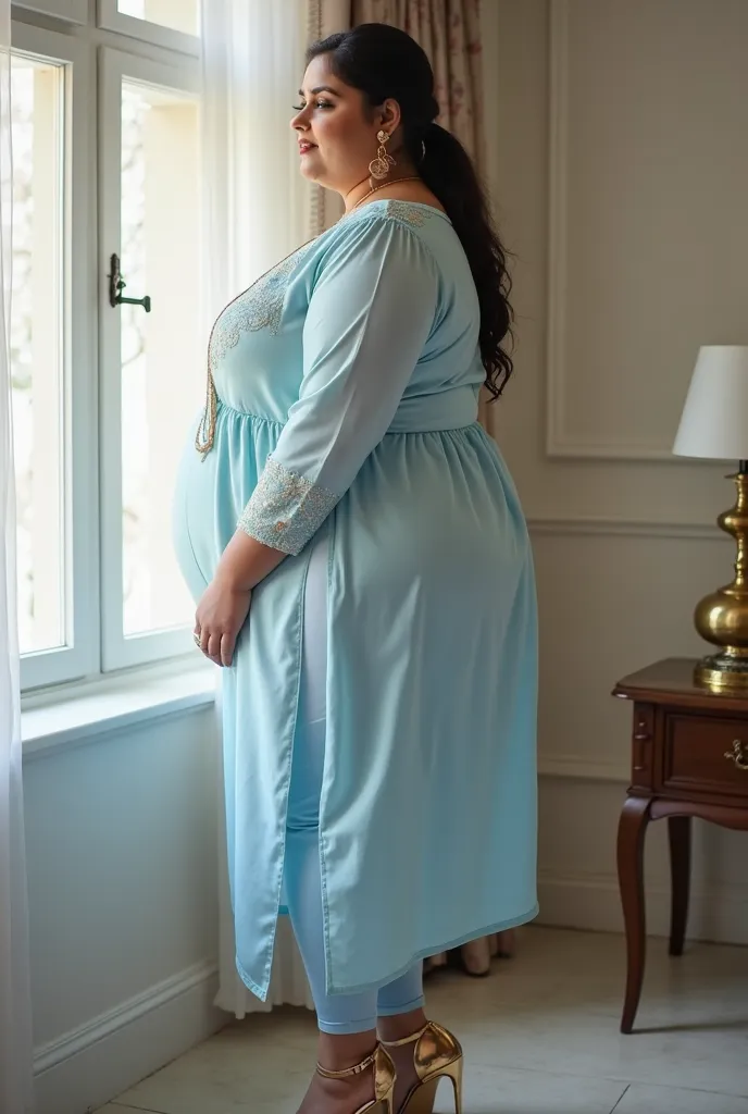 I am 40 year old plus size tall and big giant indian muslim women, looking like indian actress hansika motwani, wearing a light blue short hand full length side slit open kurti ,and matching short length capri leggings ,golden nose rings,nose stud, anklet,...