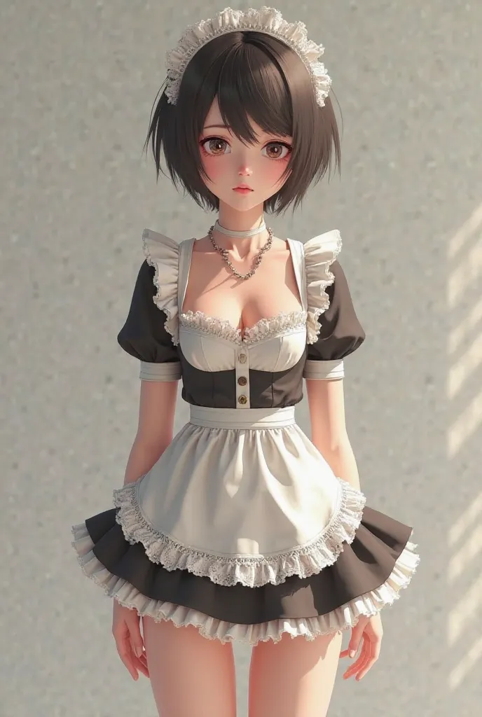 Male teenager，shy，Wearing a maid outfit，Wear a short skirt，Leaking chest