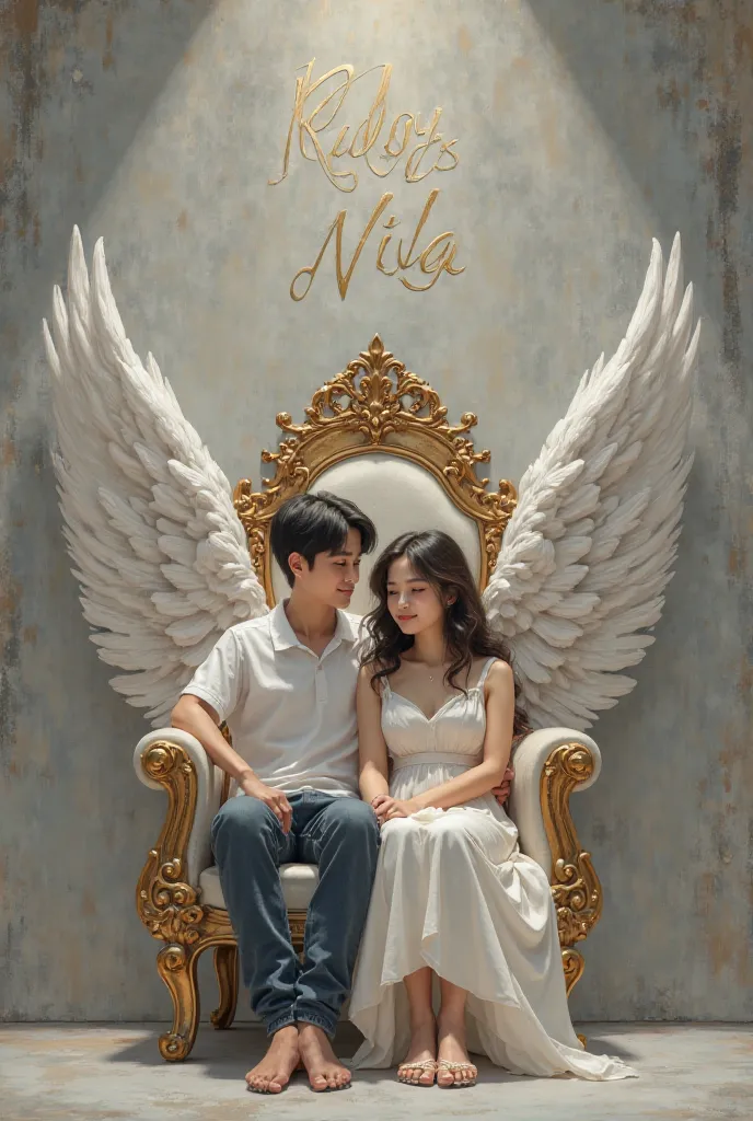 Create realstic image a 18 year old boy  and  girl is sitting on a king chair with white wings and behim him the colour of the wall is gray on which ” Ridoy Nila ” Written in curve style.