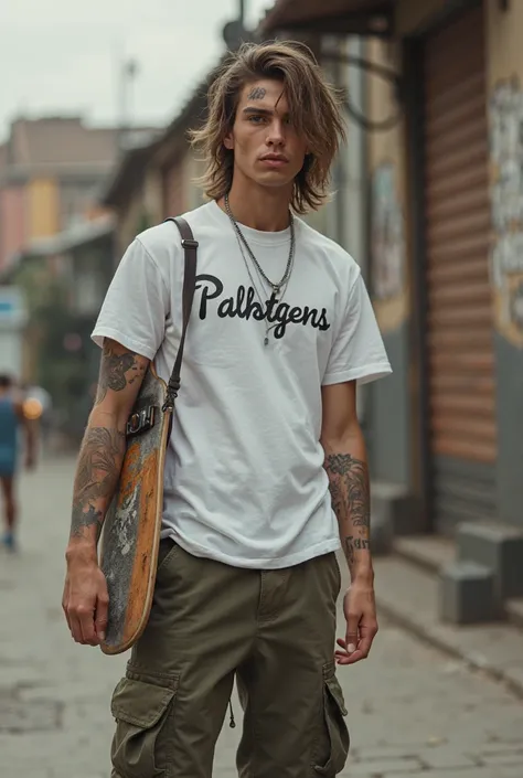 An 18-year-old new adult with a, de mullet, skateboard wearing cargo pants with a, with 1,85 inches tall, With tattoo, white shirt by Palm Algens and toca