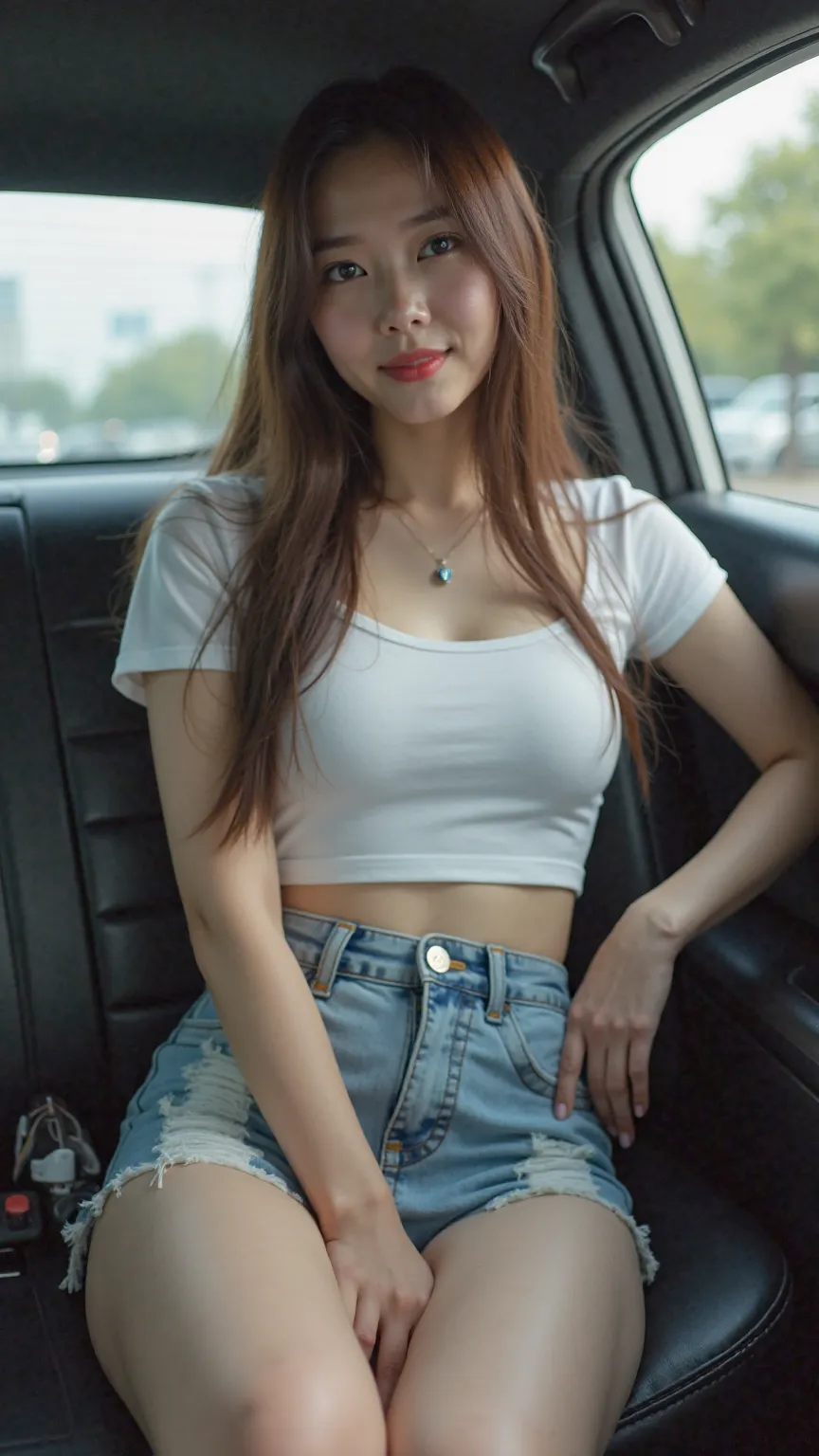 full body,sit in the back seat of a car,21 year old Japanese woman,japanese,Korean style beauty,Young face,Transparency, pure white skin,Grey Eyes,cute, idol,Idol,portrait, model, long straight hair,Sex, glossy mahogany brown hair ,big breasts,Gloss, Super...