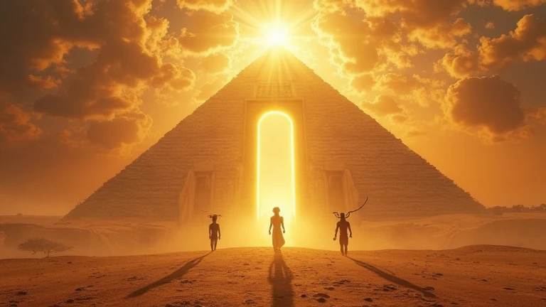 The Egyptian Gods Ra , Amun , Horus, Anubis and Isis emerge majestically from a gigantic gate of light located atop the pyramids. Their divine presence radiates a golden and mystical glow, as they slowly descend, wrapped in heavenly energy. The sky lights ...