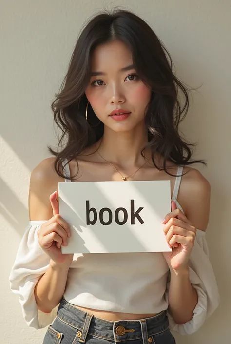 Create the image of an Asian mixed-race girl, with medium breasts and medium butt, me holding a sign written "book"