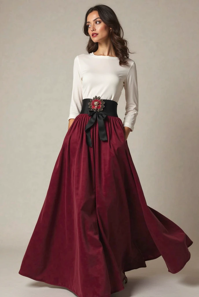 White top dress with 3/4, wide wine-colored skirt and wide black belt with flowers