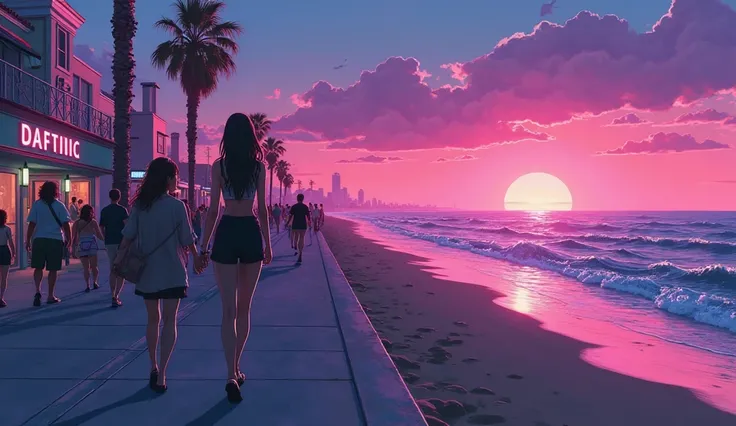  create an anime-style image using neon shades , of the silhouette of a woman walking on the sidewalk of Santa Mônica Beach. The sidewalk is busy, several people also walk along the sidewalk. Focus on the sea next to the sidewalk.