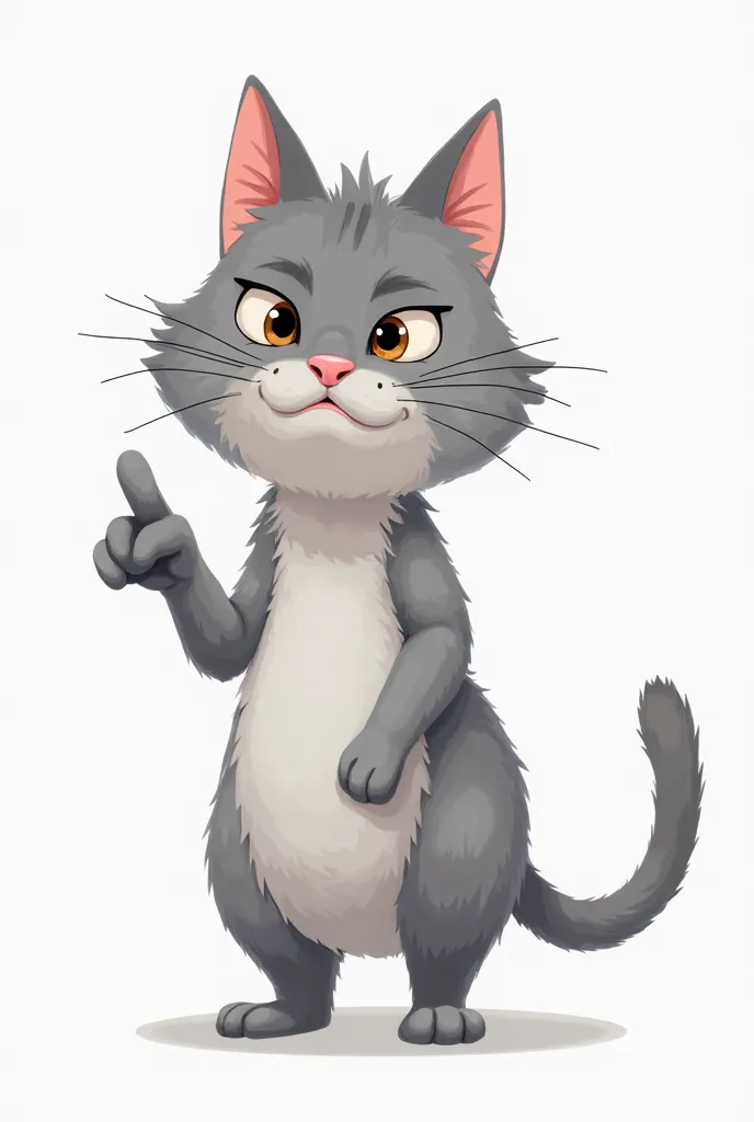 GRAY CAT POINTING WITH ITS THUMB BACK WHITE BACKGROUND