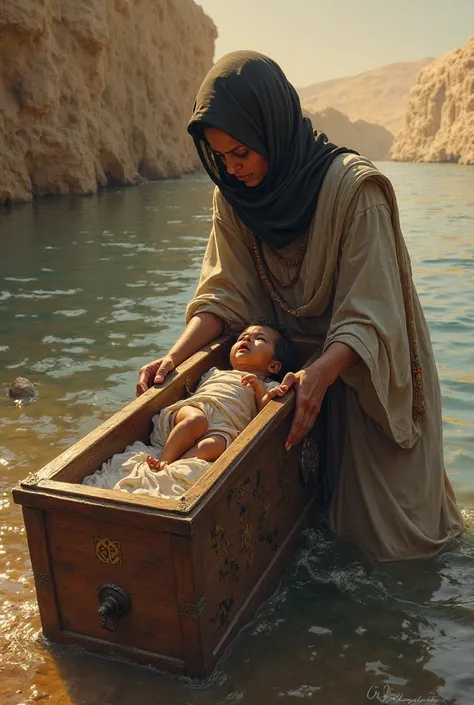 : Musa's mother puts the baby in the coffin and throws it into the Nile with a sad heart.