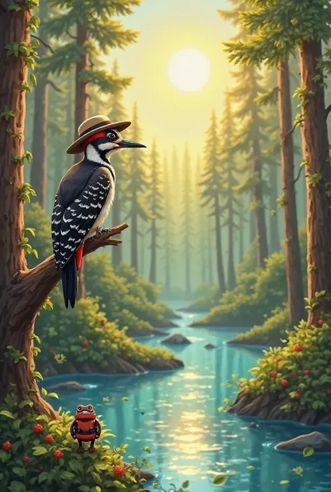 "A vibrant forest at dawn, with tall trees and a crystal clear river reflecting the sun. A woodpecker with black and white wings, wearing a ranger hat and vest, is perched on a tall branch, looking at the horizon with determination. At your side, a red and...