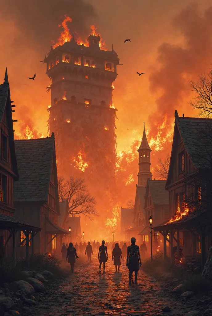 A medieval village is burning and the villagers are like skeletons burned to the ground