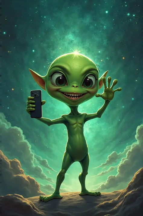 Image of a green Alien with a humorous touch, realistic cartoon style, taking selfie ( not to appear full body), I want something charismatic, with a universe behind its back,  but not so flashy 