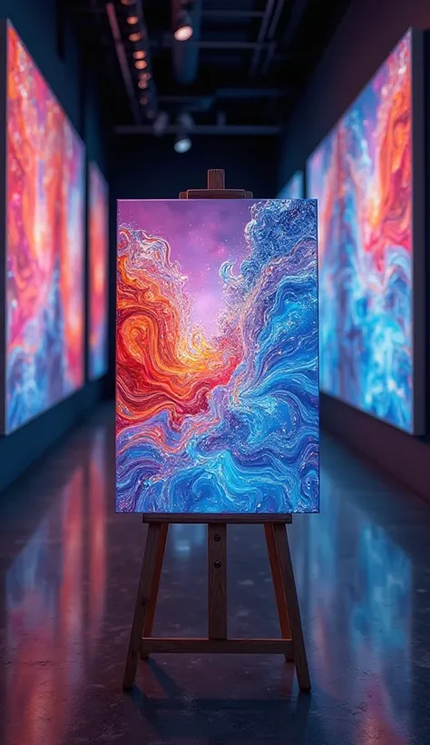 in A famous and renowned luminisa ,Famous and renowned fluid art, The walls are adorned with a large painting ,  placed on an easel in the foreground , The painting is an abstract painting ,  which gives it a modern and bold look .