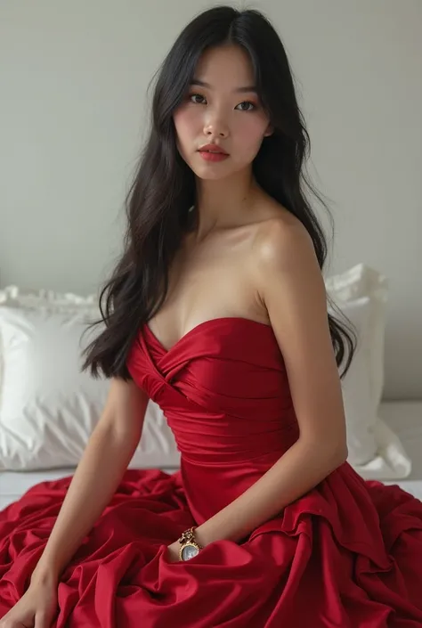 The image depicts a young woman with long, straight black hair..  wearing an elegant red dress . It is positioned against a white wall, which suggests a bedroom environment. The contrast between the vibrant red of the dress and the softness of the white ba...