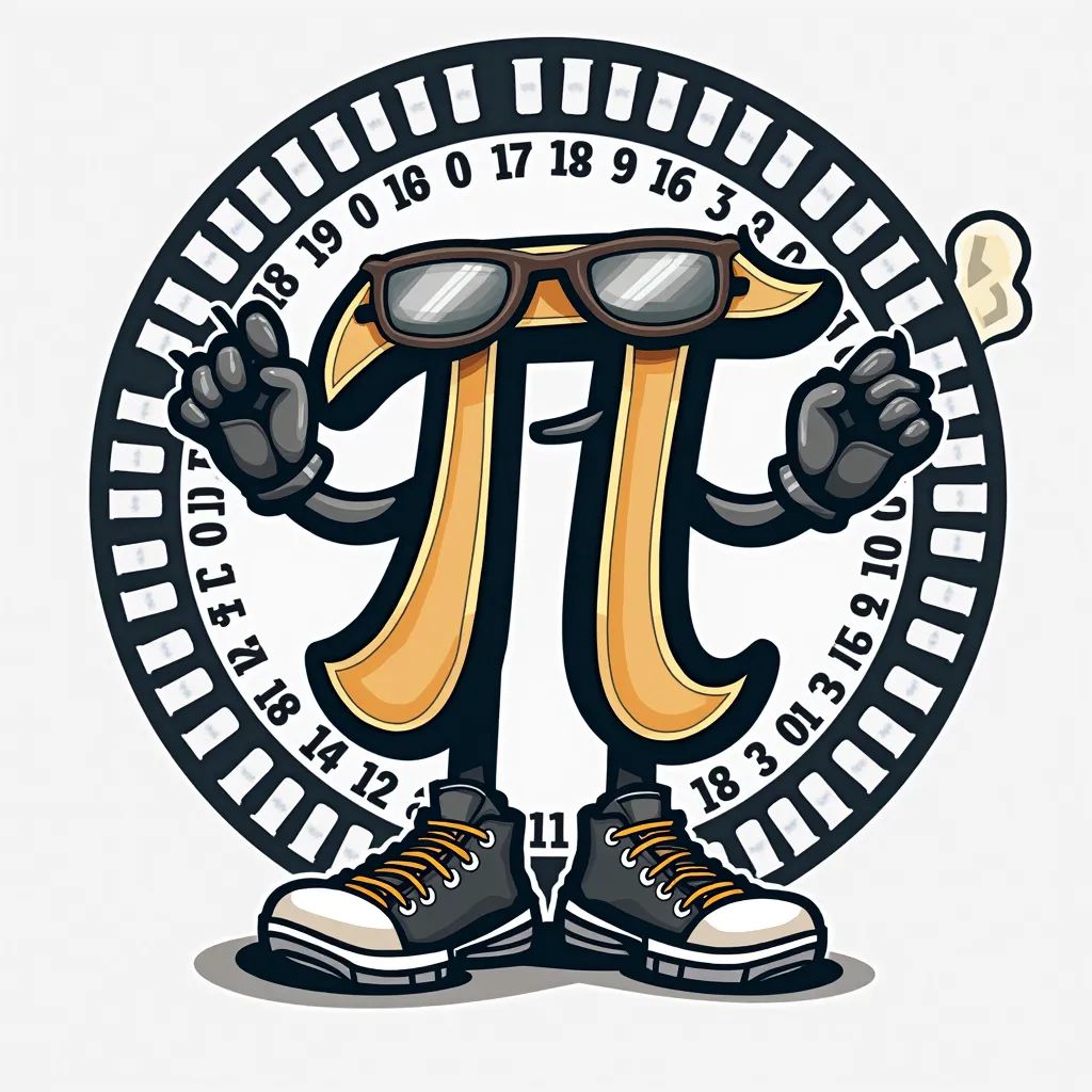 Create a graphic that features the anthropomorphized pi (π) symbol in a dabbing pose, wearing sunglasses, gloves, and sneakers. The pi symbol should be surrounded by a circular arrangement of the digits of pi. The design should emphasize the fun and playfu...