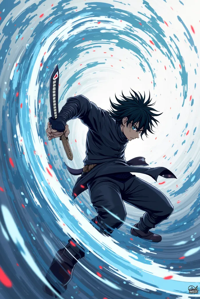 The image shows an illustration of anime style or manga, with a character in a dynamic pose and action. The character is wielding a sword or similar weapon, with a fast and powerful movement that creates a visual effect of lines and wavy curves around him,...